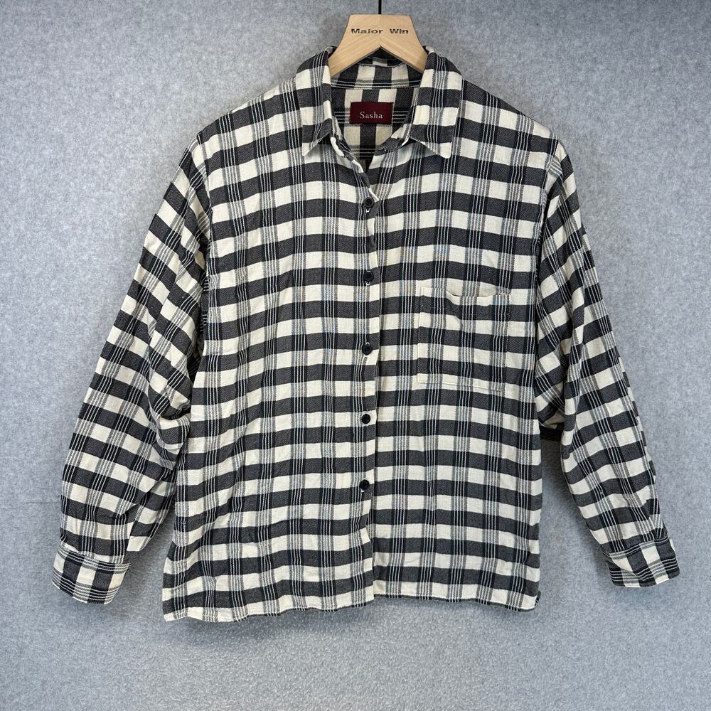 Sasha Blouse Top Womens Size L Black White Plaid Collared Button Up Long Sleeve